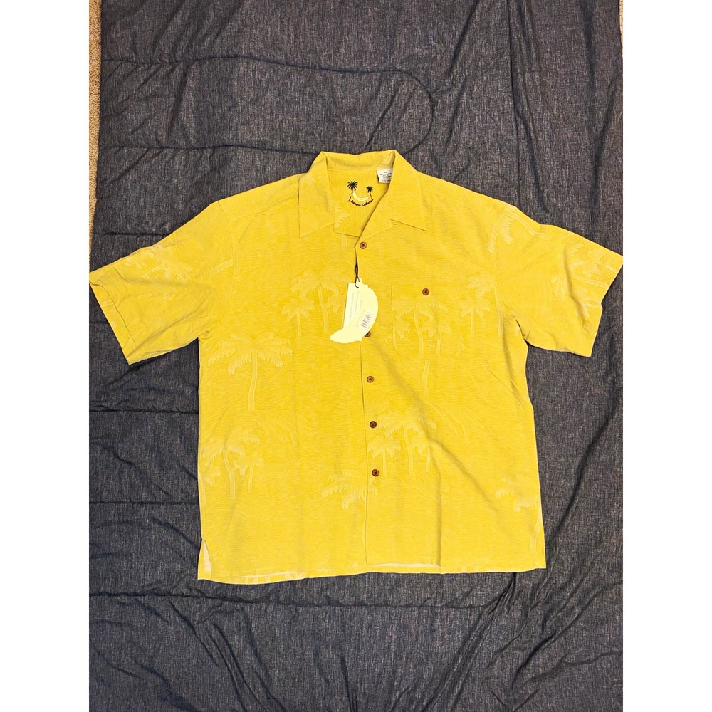 Banana Cabana Men's XL Silk Yellow Palm Tree Short Sleeve Button-Up Shirt